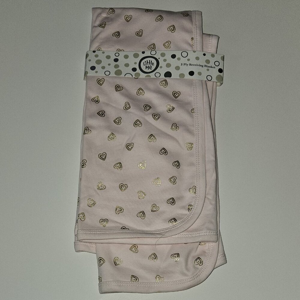 NEW Little Me 2 Ply Receiving Blanket Baby Pink Metallic Gold Hearts 100% Cotton